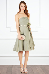 Allure Short Dress - neckline: strapless (straight/sweetheart); pattern: plain; sleeve style: strapless; waist detail: belted waist/tie at waist/drawstring; bust detail: ruching/gathering/draping/layers/pintuck pleats at bust; predominant colour: sage; occasions: evening, occasion; length: on the knee; fit: fitted at waist & bust; style: fit & flare; fibres: silk - 100%; hip detail: soft pleats at hip/draping at hip/flared at hip; sleeve length: sleeveless; texture group: sheer fabrics/chiffon/organza etc.; pattern type: fabric; embellishment: corsage