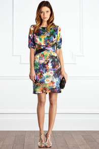 Winslow Dress - style: shift; neckline: round neck; fit: tailored/fitted; waist detail: twist front waist detail/nipped in at waist on one side/soft pleats/draping/ruching/gathering waist detail; occasions: evening, occasion; length: just above the knee; fibres: polyester/polyamide - 100%; predominant colour: multicoloured; sleeve length: 3/4 length; sleeve style: standard; texture group: structured shiny - satin/tafetta/silk etc.; trends: high impact florals; pattern type: fabric; pattern size: standard; pattern: florals