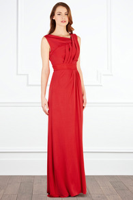 Leighton Jersey Maxi - fit: empire; pattern: plain; sleeve style: sleeveless; style: maxi dress; waist detail: fitted waist; neckline: asymmetric; bust detail: ruching/gathering/draping/layers/pintuck pleats at bust; predominant colour: true red; occasions: evening, occasion; length: floor length; fibres: viscose/rayon - 100%; hip detail: soft pleats at hip/draping at hip/flared at hip; sleeve length: sleeveless; pattern type: fabric; texture group: jersey - stretchy/drapey