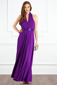 Goddess Maxi Dress - fit: fitted at waist; pattern: plain; sleeve style: sleeveless; style: maxi dress; waist detail: embellishment at waist/feature waistband; neckline: halter neck; back detail: low cut/open back; bust detail: ruching/gathering/draping/layers/pintuck pleats at bust; predominant colour: purple; occasions: evening, occasion; length: floor length; fibres: viscose/rayon - stretch; hip detail: soft pleats at hip/draping at hip/flared at hip; sleeve length: sleeveless; texture group: silky - light; pattern type: fabric