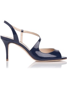 Palmita Patent Leather Asymmetric Strappy Sandal Blue Navy - predominant colour: navy; occasions: evening, occasion; material: leather; heel height: high; ankle detail: ankle strap; heel: stiletto; toe: open toe/peeptoe; style: standard; finish: patent; pattern: plain