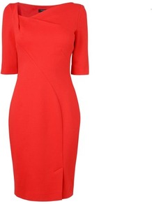Catrina Asymmetrical Neckline Dress Red Strawberry - style: shift; neckline: v-neck; fit: tailored/fitted; pattern: plain; bust detail: ruching/gathering/draping/layers/pintuck pleats at bust; predominant colour: true red; occasions: evening, work; length: just above the knee; fibres: nylon - mix; sleeve length: half sleeve; sleeve style: standard; texture group: crepes; trends: glamorous day shifts; pattern type: fabric
