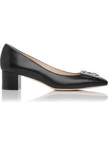 Iris Block Heel Leather Shoe Black - predominant colour: black; occasions: evening, work; material: leather; heel height: mid; heel: block; toe: square toe; style: courts; finish: plain; pattern: plain; embellishment: chain/metal