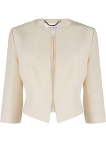 Vanda Cropped Jacket Cream Champagne - pattern: plain; style: cropped; collar: round collar/collarless; length: cropped; predominant colour: champagne; occasions: casual, evening, work, occasion; fit: tailored/fitted; fibres: cotton - mix; waist detail: fitted waist; sleeve length: 3/4 length; sleeve style: standard; texture group: cotton feel fabrics; collar break: low/open; pattern type: fabric; pattern size: standard