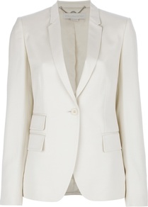 Three Pocket Blazer - pattern: plain; style: single breasted blazer; hip detail: side pockets at hip; length: below the bottom; collar: standard lapel/rever collar; predominant colour: ivory; occasions: casual, evening, work, occasion; fit: tailored/fitted; fibres: cotton - mix; waist detail: fitted waist; back detail: back vent/flap at back; sleeve length: long sleeve; sleeve style: standard; texture group: cotton feel fabrics; trends: tuxedo; collar break: low/open; pattern type: fabric; pattern size: standard