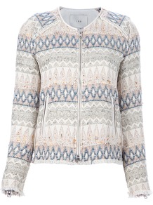 'Blaze' Embroidered Jacket - pattern: plain; bust detail: added detail/embellishment at bust; collar: round collar/collarless; style: boxy; predominant colour: white; occasions: casual, evening, work; length: standard; fit: straight cut (boxy); fibres: cotton - mix; waist detail: fitted waist; sleeve length: long sleeve; sleeve style: standard; trends: statement prints, modern geometrics; collar break: high; pattern type: fabric; pattern size: small & busy; texture group: woven bulky/heavy; embellishment: embroidered