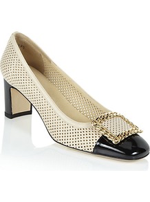 Chainomid Patent Pump - predominant colour: ivory; secondary colour: black; occasions: evening, work, occasion; material: leather; heel height: mid; embellishment: buckles; heel: block; toe: square toe; style: courts; finish: plain; pattern: colourblock