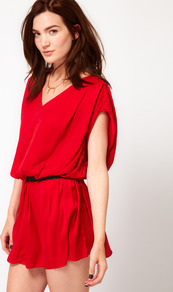 Flippy Dress With Elastic Waist - length: mini; neckline: v-neck; sleeve style: dolman/batwing; fit: fitted at waist; pattern: plain; style: blouson; waist detail: belted waist/tie at waist/drawstring; predominant colour: true red; occasions: casual, evening, holiday; fibres: polyester/polyamide - 100%; sleeve length: short sleeve; pattern type: fabric; texture group: jersey - stretchy/drapey