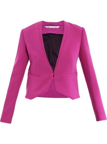 Illene Jacket - pattern: plain; style: single breasted blazer; collar: round collar/collarless; predominant colour: hot pink; occasions: evening, occasion; length: standard; fit: tailored/fitted; fibres: polyester/polyamide - 100%; sleeve length: long sleeve; sleeve style: standard; collar break: low/open; pattern type: fabric; texture group: woven light midweight