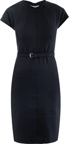 Maizah Dress - style: shift; neckline: low v-neck; sleeve style: capped; fit: tailored/fitted; pattern: plain; waist detail: belted waist/tie at waist/drawstring; predominant colour: navy; occasions: casual, work; length: just above the knee; fibres: polyester/polyamide - stretch; sleeve length: sleeveless; pattern type: fabric; texture group: other - light to midweight