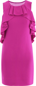 Pandora Dress - style: shift; length: mid thigh; neckline: round neck; pattern: plain; sleeve style: sleeveless; waist detail: fitted waist; shoulder detail: tiers/frills/ruffles; predominant colour: hot pink; occasions: evening, occasion; fit: body skimming; fibres: polyester/polyamide - 100%; sleeve length: sleeveless; texture group: crepes; trends: glamorous day shifts, fluorescent; bust detail: tiers/frills/bulky drapes/pleats; pattern type: fabric; pattern size: standard