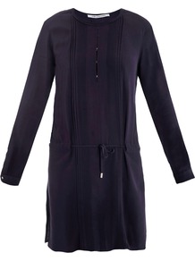 Leonie Dress - style: shift; length: mid thigh; neckline: round neck; pattern: plain; waist detail: drop waist; bust detail: ruching/gathering/draping/layers/pintuck pleats at bust; predominant colour: navy; occasions: casual, evening, work, holiday; fit: straight cut; fibres: polyester/polyamide - 100%; sleeve length: long sleeve; sleeve style: standard; texture group: crepes; pattern type: fabric; pattern size: standard