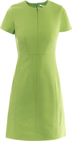 Agatha Dress - style: shift; fit: fitted at waist; pattern: plain; waist detail: fitted waist; predominant colour: lime; occasions: casual, evening, work; length: just above the knee; fibres: polyester/polyamide - stretch; neckline: crew; sleeve length: short sleeve; sleeve style: standard; texture group: crepes; trends: glamorous day shifts, fluorescent; pattern type: fabric