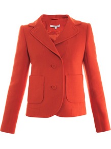 Double Crepe Two Button Jacket - pattern: plain; style: single breasted blazer; collar: standard lapel/rever collar; predominant colour: bright orange; occasions: casual, evening; length: standard; fit: tailored/fitted; sleeve length: long sleeve; sleeve style: standard; collar break: medium; pattern type: fabric; texture group: woven light midweight; fibres: viscose/rayon - mix