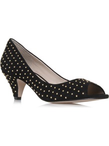 Carla - predominant colour: black; occasions: casual, evening, work, occasion; material: suede; heel height: mid; embellishment: studs; heel: cone; toe: open toe/peeptoe; style: courts; finish: plain; pattern: plain