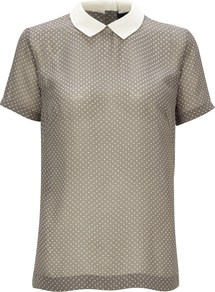 Dotty Dot Shirt - style: shirt; pattern: polka dot; secondary colour: ivory; predominant colour: mid grey; occasions: evening, work; length: standard; fibres: polyester/polyamide - 100%; fit: straight cut; neckline: no opening/shirt collar/peter pan; back detail: embellishment at back; sleeve length: short sleeve; sleeve style: standard; texture group: sheer fabrics/chiffon/organza etc.; pattern type: fabric; pattern size: small & busy