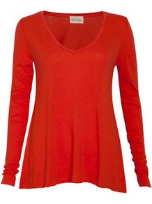 Jacksonville Long Sleeve V Neck Tee - neckline: v-neck; pattern: plain; predominant colour: true red; occasions: casual, work; length: standard; fibres: cotton - mix; fit: loose; style: a-line; sleeve length: long sleeve; sleeve style: standard; pattern type: fabric; texture group: jersey - stretchy/drapey