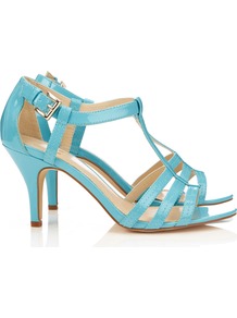 Blue Strappy Sandal - predominant colour: turquoise; occasions: evening, occasion, holiday; material: faux leather; heel height: mid; ankle detail: ankle strap; heel: stiletto; toe: open toe/peeptoe; style: strappy; finish: patent; pattern: plain