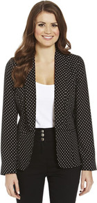 Soft Spotted Blazer - style: single breasted blazer; collar: shawl/waterfall; hip detail: front pockets at hip; pattern: polka dot; predominant colour: black; occasions: casual, work; length: standard; fit: tailored/fitted; fibres: polyester/polyamide - 100%; waist detail: fitted waist; sleeve length: long sleeve; sleeve style: standard; collar break: low/open; pattern type: fabric; pattern size: small & busy; texture group: other - light to midweight