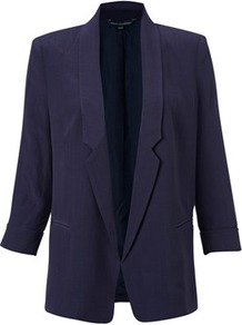 Swallow Plains Jacket - pattern: plain; hip detail: side pockets at hip; fit: loose; length: below the bottom; style: boyfriend; collar: standard lapel/rever collar; predominant colour: navy; occasions: casual, evening, work, occasion; fibres: polyester/polyamide - 100%; back detail: back vent/flap at back; sleeve length: 3/4 length; sleeve style: standard; collar break: low/open; pattern type: fabric; pattern size: standard; texture group: other - light to midweight