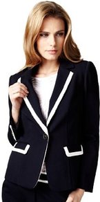 Single Breasted Tipped Blazer - style: single breasted blazer; hip detail: front pockets at hip; collar: standard lapel/rever collar; predominant colour: navy; occasions: casual, work; length: standard; fit: tailored/fitted; fibres: polyester/polyamide - stretch; waist detail: fitted waist; sleeve length: long sleeve; sleeve style: standard; collar break: low/open; pattern type: fabric; pattern size: standard; pattern: colourblock; texture group: other - light to midweight