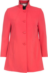 A Cut Single Row Coat - pattern: plain; length: below the bottom; style: single breasted; collar: high neck; predominant colour: true red; occasions: casual; fit: tailored/fitted; fibres: viscose/rayon - stretch; sleeve length: long sleeve; sleeve style: standard; trends: fluorescent; collar break: high; pattern type: fabric; texture group: other - light to midweight