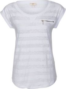 White Stripe Zip Pocket T Shirt - neckline: round neck; sleeve style: capped; pattern: horizontal stripes; style: t-shirt; predominant colour: white; occasions: casual; length: standard; fibres: cotton - mix; fit: body skimming; sleeve length: short sleeve; texture group: cotton feel fabrics; pattern type: fabric; pattern size: standard