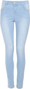 32in Light Blue Stud Pocket Jeans - style: skinny leg; length: standard; pattern: plain; waist: high rise; pocket detail: traditional 5 pocket; predominant colour: denim; occasions: casual; fibres: cotton - mix; jeans detail: shading down centre of thigh; texture group: denim; pattern type: fabric