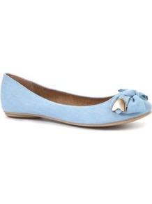 Blue Metal Trim Bow Pumps - predominant colour: pale blue; occasions: casual, evening, work; material: faux leather; heel height: flat; toe: round toe; style: ballerinas / pumps; finish: plain; pattern: plain; embellishment: bow