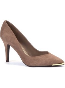 Light Brown Suede Metal Tip Pointed Court Shoes - predominant colour: taupe; occasions: evening, work, occasion; material: suede; heel height: high; heel: stiletto; toe: pointed toe; style: courts; finish: plain; pattern: plain; embellishment: chain/metal