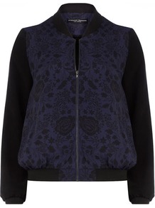 Navy Floral Bomber Jacket - bust detail: added detail/embellishment at bust; collar: round collar/collarless; back detail: contrast pattern/fabric at back; style: bomber; predominant colour: navy; secondary colour: navy; occasions: casual, work; length: standard; fit: tailored/fitted; fibres: polyester/polyamide - 100%; sleeve length: long sleeve; sleeve style: standard; trends: high impact florals; waist detail: drop waist; collar break: high; pattern type: fabric; pattern size: big & light; pattern: florals; texture group: other - light to midweight