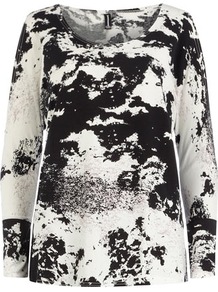 Black/White Print Cut Out Top - neckline: round neck; style: t-shirt; predominant colour: ivory; secondary colour: black; occasions: casual; length: standard; fibres: polyester/polyamide - stretch; fit: loose; sleeve length: long sleeve; sleeve style: standard; pattern type: fabric; pattern size: big & busy; pattern: patterned/print; texture group: jersey - stretchy/drapey