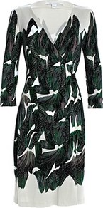 New Julian Silk Jersey Dress - style: faux wrap/wrap; neckline: v-neck; back detail: tie detail at back; secondary colour: ivory; predominant colour: dark green; occasions: evening, work, occasion; length: on the knee; fit: body skimming; fibres: silk - 100%; sleeve length: 3/4 length; sleeve style: standard; trends: statement prints; pattern type: fabric; pattern size: big & busy; pattern: patterned/print; texture group: jersey - stretchy/drapey