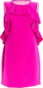 Pandora Dress - style: shift; neckline: round neck; pattern: plain; sleeve style: sleeveless; predominant colour: hot pink; occasions: evening, occasion; length: just above the knee; fit: body skimming; fibres: polyester/polyamide - 100%; sleeve length: sleeveless; trends: fluorescent; bust detail: tiers/frills/bulky drapes/pleats; pattern type: fabric; texture group: other - light to midweight