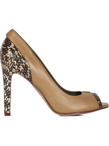 Caprice Watersnake Trim Peeptoe Courts - predominant colour: camel; occasions: evening, work, occasion; material: leather; heel height: high; heel: stiletto; toe: open toe/peeptoe; style: courts; finish: plain; pattern: animal print