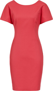 Beya V Back Bodycon Dress - sleeve style: capped; pattern: plain; style: bodycon; back detail: low cut/open back; secondary colour: true red; predominant colour: coral; occasions: casual, evening, occasion; length: just above the knee; fit: body skimming; neckline: scoop; fibres: cotton - stretch; sleeve length: short sleeve; texture group: cotton feel fabrics; pattern type: fabric