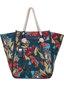 Morocco Tote, Multi - secondary colour: true red; predominant colour: navy; occasions: casual, holiday; type of pattern: heavy; style: tote; length: handle; size: oversized; material: fabric; trends: high impact florals; finish: plain; pattern: patterned/print