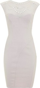 Embellished Mesh Shift Dress - length: mid thigh; sleeve style: capped; fit: tight; pattern: plain; style: bodycon; bust detail: added detail/embellishment at bust; predominant colour: lilac; occasions: evening, occasion, holiday; fibres: viscose/rayon - stretch; neckline: crew; back detail: keyhole/peephole detail at back; sleeve length: sleeveless; pattern type: fabric; texture group: jersey - stretchy/drapey; embellishment: jewels