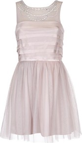 Embellished Mesh Skirt Dress - neckline: round neck; pattern: plain; sleeve style: sleeveless; style: prom dress; bust detail: added detail/embellishment at bust; back detail: low cut/open back; predominant colour: ivory; occasions: evening, occasion; length: just above the knee; fit: fitted at waist & bust; fibres: polyester/polyamide - 100%; hip detail: soft pleats at hip/draping at hip/flared at hip; sleeve length: sleeveless; pattern type: fabric; texture group: net/tulle; embellishment: jewels