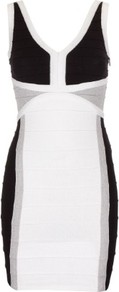 Glitter Bodycon Dress - neckline: low v-neck; fit: tight; sleeve style: sleeveless; style: bodycon; predominant colour: white; secondary colour: black; occasions: evening, occasion; length: just above the knee; sleeve length: sleeveless; texture group: jersey - clingy; pattern type: fabric; pattern: colourblock; fibres: nylon - stretch
