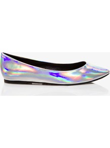 Hologram Ballet Flats - predominant colour: silver; occasions: casual, evening; material: faux leather; heel height: flat; toe: round toe; style: ballerinas / pumps; trends: metallics; finish: metallic; pattern: two-tone