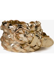 Metallic Braided Faux Leather Belt - predominant colour: gold; occasions: casual, evening, holiday; type of pattern: light; style: plaited/woven; size: skinny; worn on: hips; material: faux leather; pattern: plain; trends: metallics; finish: metallic