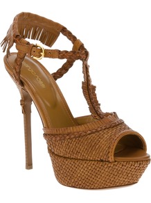 Stiletto Sandal - predominant colour: tan; occasions: evening, occasion, holiday; material: leather; ankle detail: ankle strap; heel: platform; toe: open toe/peeptoe; style: standard; finish: plain; pattern: plain; embellishment: fringing; heel height: very high