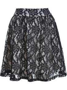 Black Lace Skater Skirt - length: mid thigh; fit: loose/voluminous; waist: mid/regular rise; secondary colour: white; predominant colour: black; occasions: evening, occasion; style: fit & flare; fibres: polyester/polyamide - 100%; texture group: lace; pattern type: fabric; pattern size: standard; pattern: florals