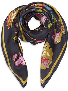 Bloomfield Silk Scarf - predominant colour: navy; secondary colour: mustard; occasions: casual, evening, work, holiday; type of pattern: heavy; style: square; size: standard; material: silk; pattern: florals; trends: high impact florals