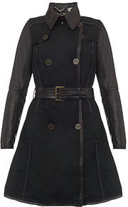 Zinmia Leather Trench Coat - pattern: plain; hip detail: side pockets at hip; style: trench coat; length: mid thigh; predominant colour: chocolate brown; occasions: casual, evening, work; fit: tailored/fitted; fibres: cotton - mix; collar: shirt collar/peter pan/zip with opening; waist detail: belted waist/tie at waist/drawstring; sleeve length: long sleeve; sleeve style: standard; texture group: waxed cotton; collar break: high; pattern type: fabric