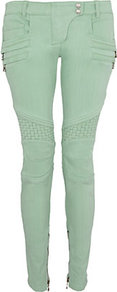 Skinny Braided Biker Jeans - style: skinny leg; length: standard; pattern: plain; pocket detail: large back pockets, pockets at the sides; waist: mid/regular rise; predominant colour: pistachio; occasions: casual, evening; fibres: cotton - stretch; texture group: denim; pattern type: fabric