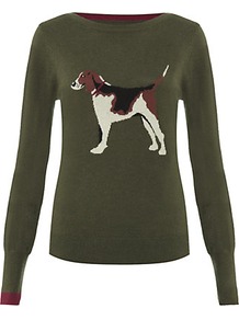 Beagle Sweater - neckline: slash/boat neckline; style: standard; predominant colour: dark green; occasions: casual; length: standard; fit: standard fit; sleeve length: long sleeve; sleeve style: standard; texture group: knits/crochet; pattern type: knitted - fine stitch; pattern size: standard; pattern: patterned/print; fibres: viscose/rayon - mix