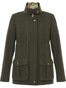 Tweed Field Coat - pattern: checked/gingham; length: standard; style: single breasted; collar: high neck; predominant colour: dark green; occasions: casual; fit: tailored/fitted; fibres: wool - 100%; sleeve length: long sleeve; sleeve style: standard; collar break: high; pattern type: fabric; pattern size: standard; texture group: woven light midweight