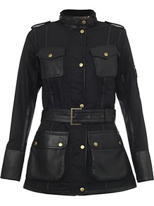 Blackthorm Leather Jacket - pattern: plain; style: belted jacket; shoulder detail: obvious epaulette; bust detail: added detail/embellishment at bust; length: below the bottom; hip detail: front pockets at hip; collar: high neck; fit: slim fit; predominant colour: black; occasions: casual, work; fibres: cotton - mix; waist detail: belted waist/tie at waist/drawstring; sleeve length: long sleeve; sleeve style: standard; texture group: waxed cotton; collar break: high; pattern type: fabric